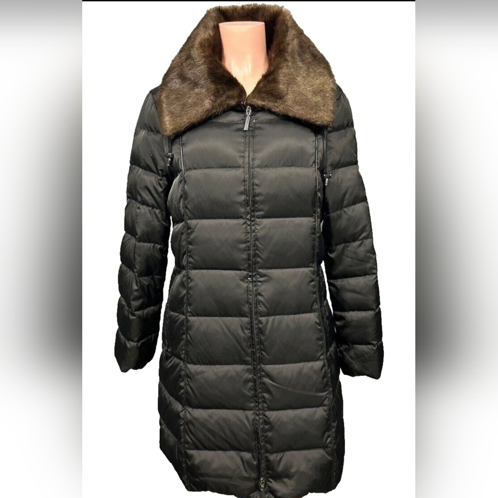 Nautica Women's XL Extra Long Fur Lined Down Black Puffer Coat Zip Jacket